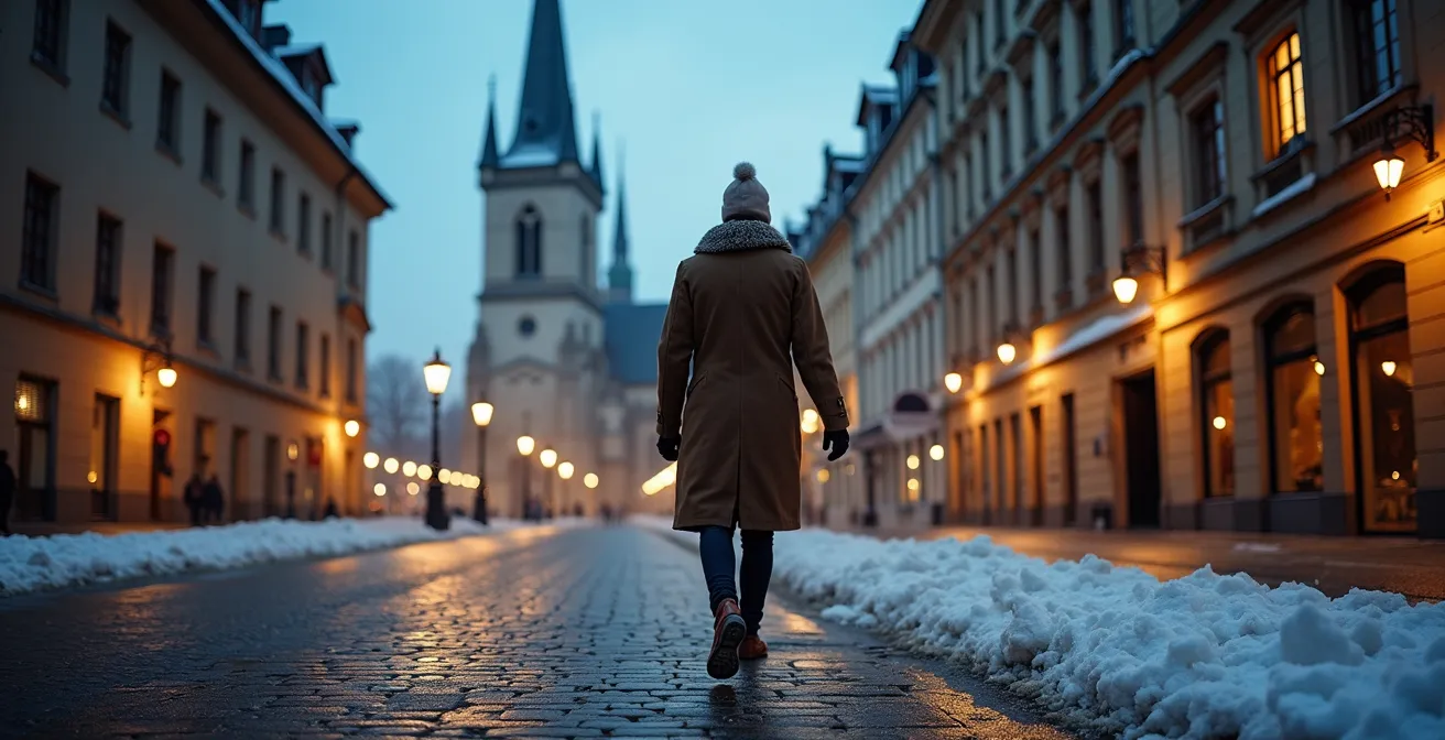 Snow-covered Place Royale square at twilight with warm lights from historic stone buildings
