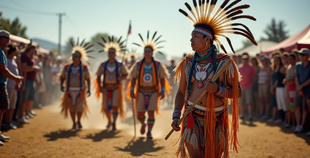 Grand Entry procession at a Canadian powwow with Eagle Staff carriers and dancers in vibrant regalia