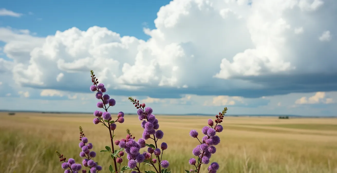 Wide prairie landscape with Saskatoon berry bushes in foreground under vast Saskatchewan sky