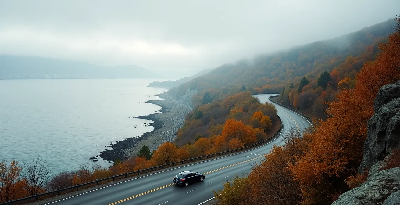 Wide scenic view of St. Lawrence River with the historic Old Quebec City skyline in the distance and a winding coastal road in the foreground