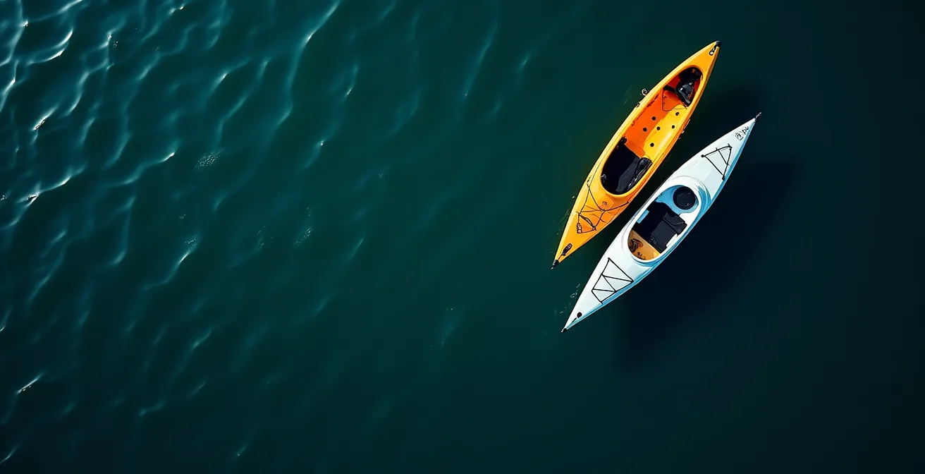 Split view showing a sea kayak with sealed bulkheads versus an open recreational kayak in ocean conditions