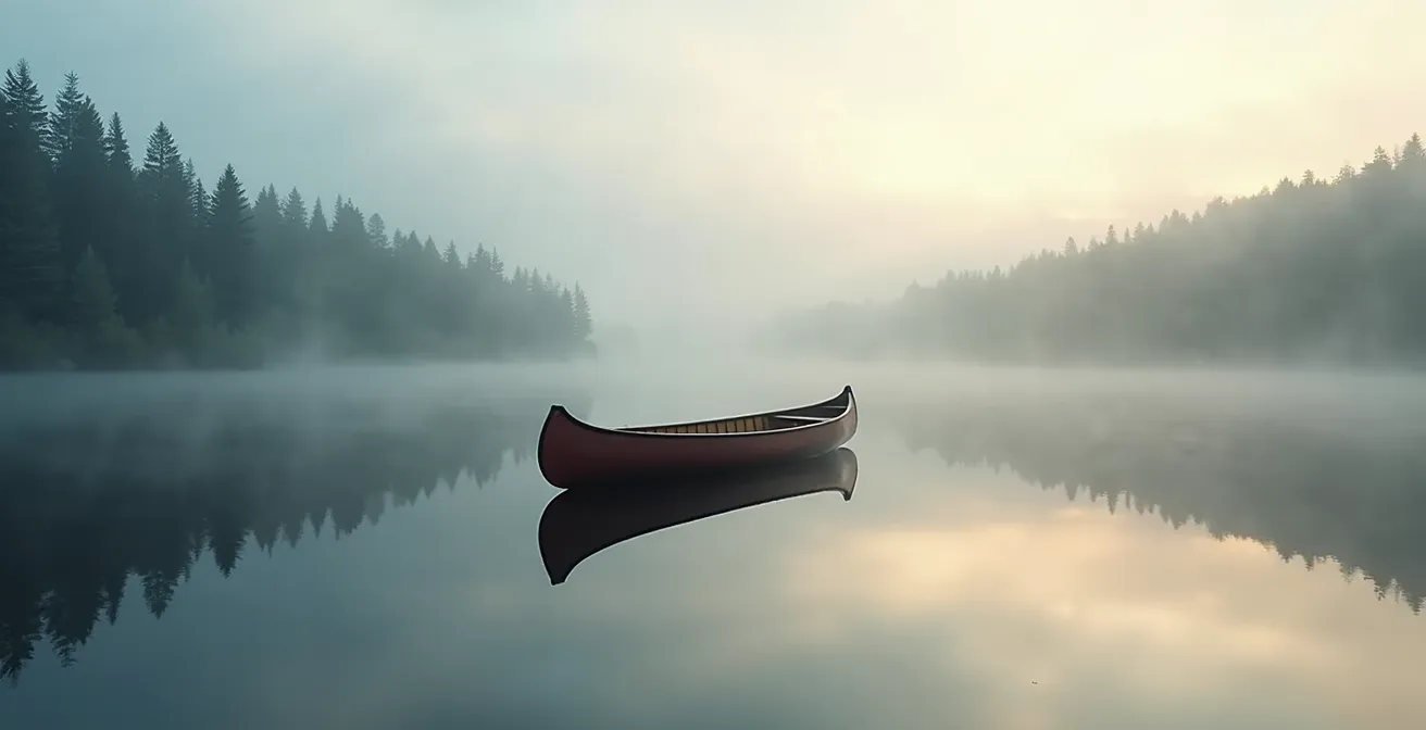 Solitary canoe on misty Canadian boreal lake at dawn surrounded by forest