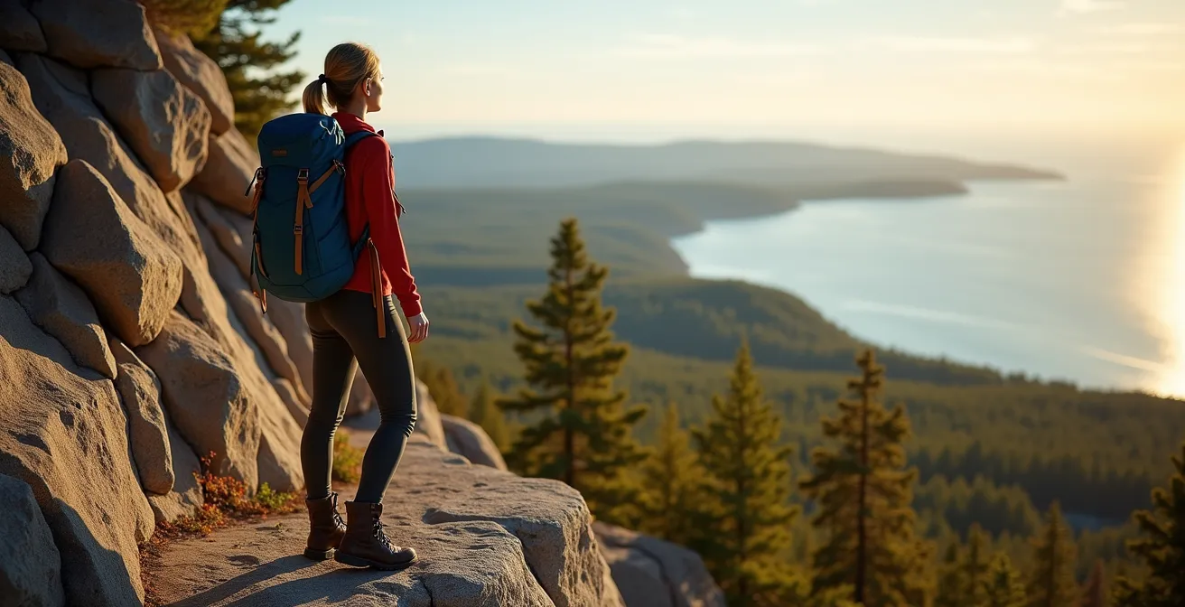 A confident female hiker stands on a sunlit Canadian mountain trail, looking out over an expansive valley.
