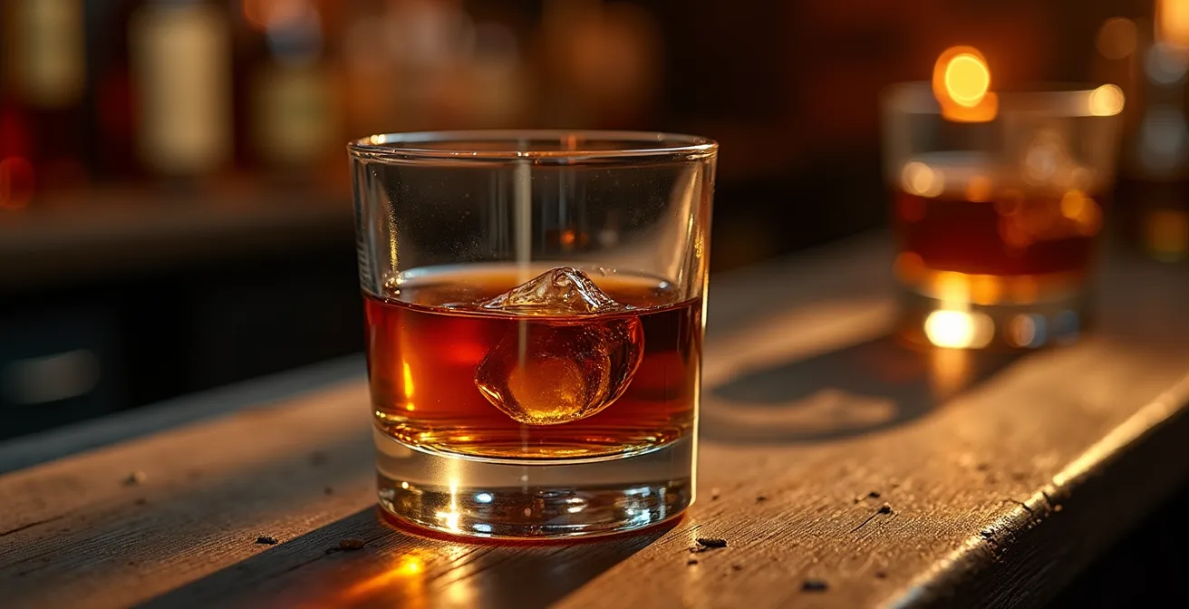 Close-up of whiskey glass with dramatic lighting in historic saloon setting