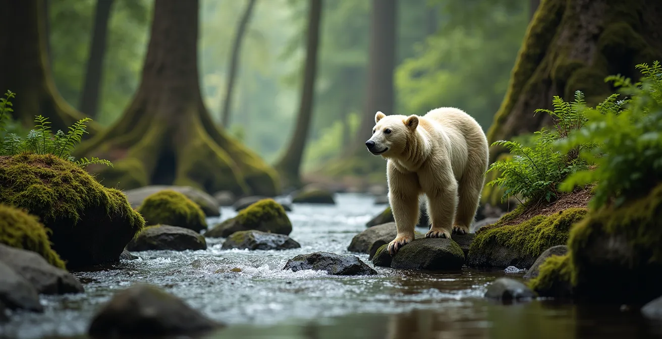 Close-up of a Spirit Bear catching salmon in a pristine rainforest creek
