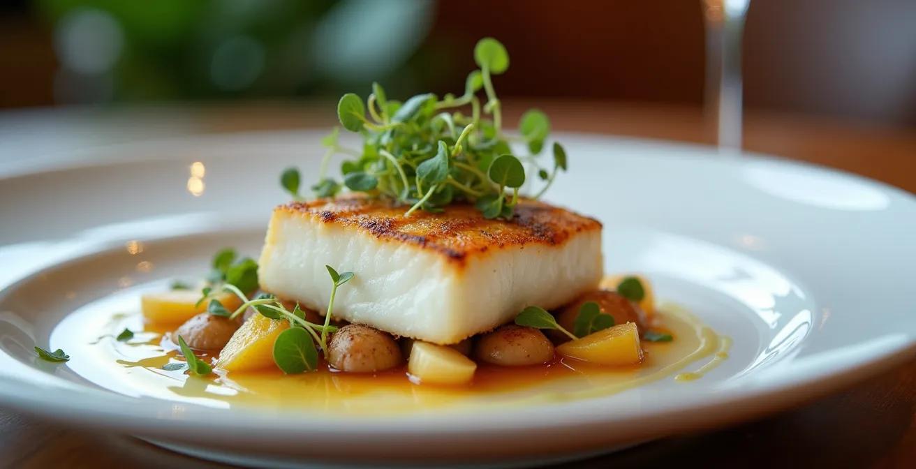 Elegant seafood dish on a white plate with Pacific halibut and local vegetables in fine dining presentation