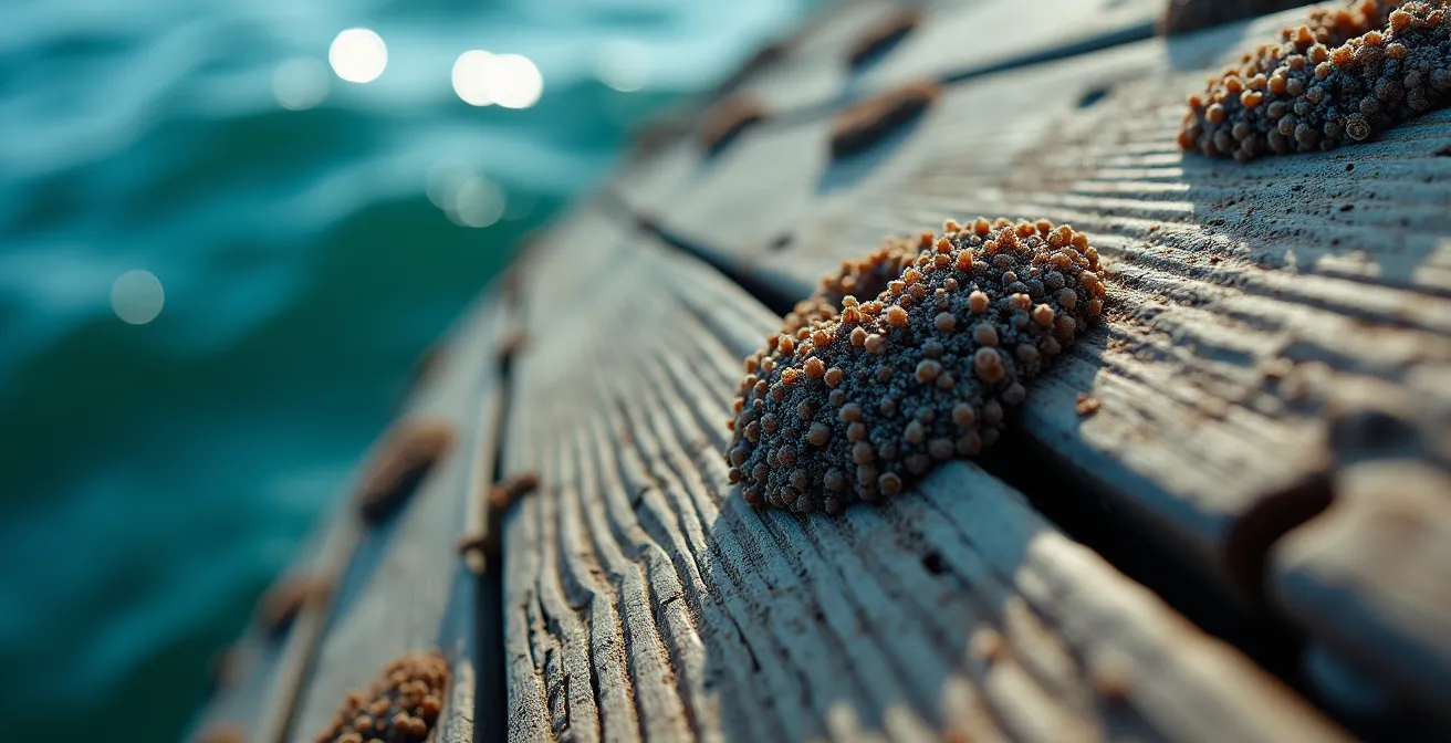 Macro view of zebra mussels encrusting historic wooden hull surface
