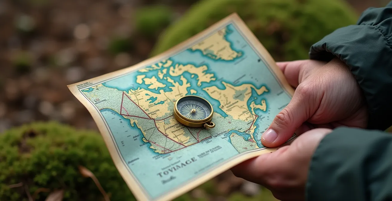 Hands holding a topographic map with a compass overlay in a forest setting