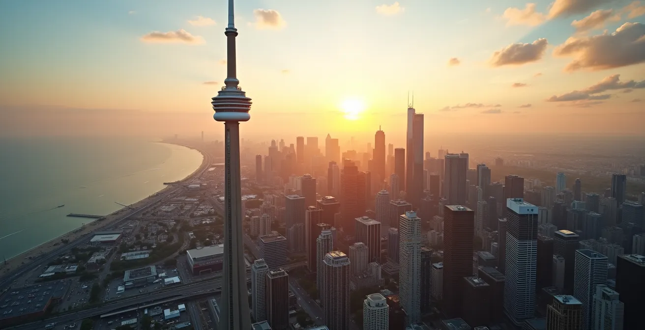 Panoramic view from CN Tower showing Toronto's urban sprawl meeting Lake Ontario at sunset