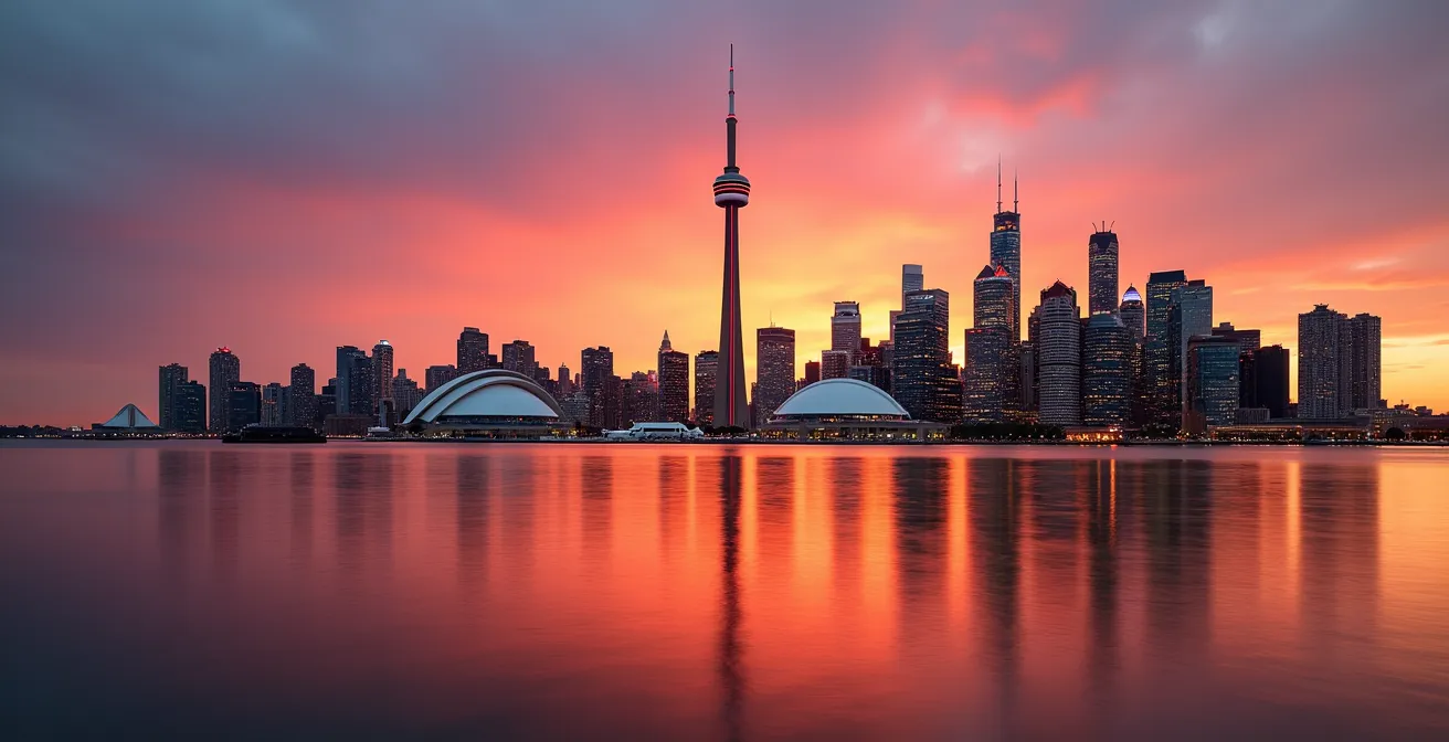 Toronto skyline during golden hour viewed from waterfront with CN Tower silhouette