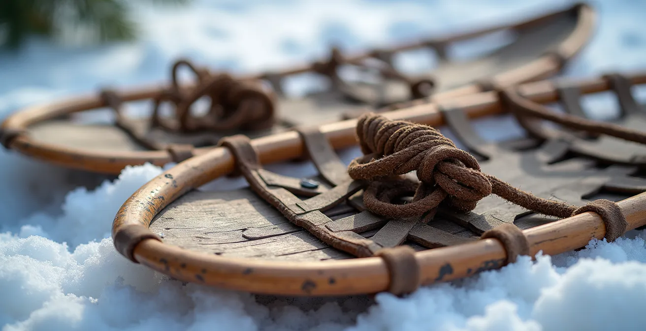 Close-up detail of traditional Indigenous wooden snowshoe craftsmanship