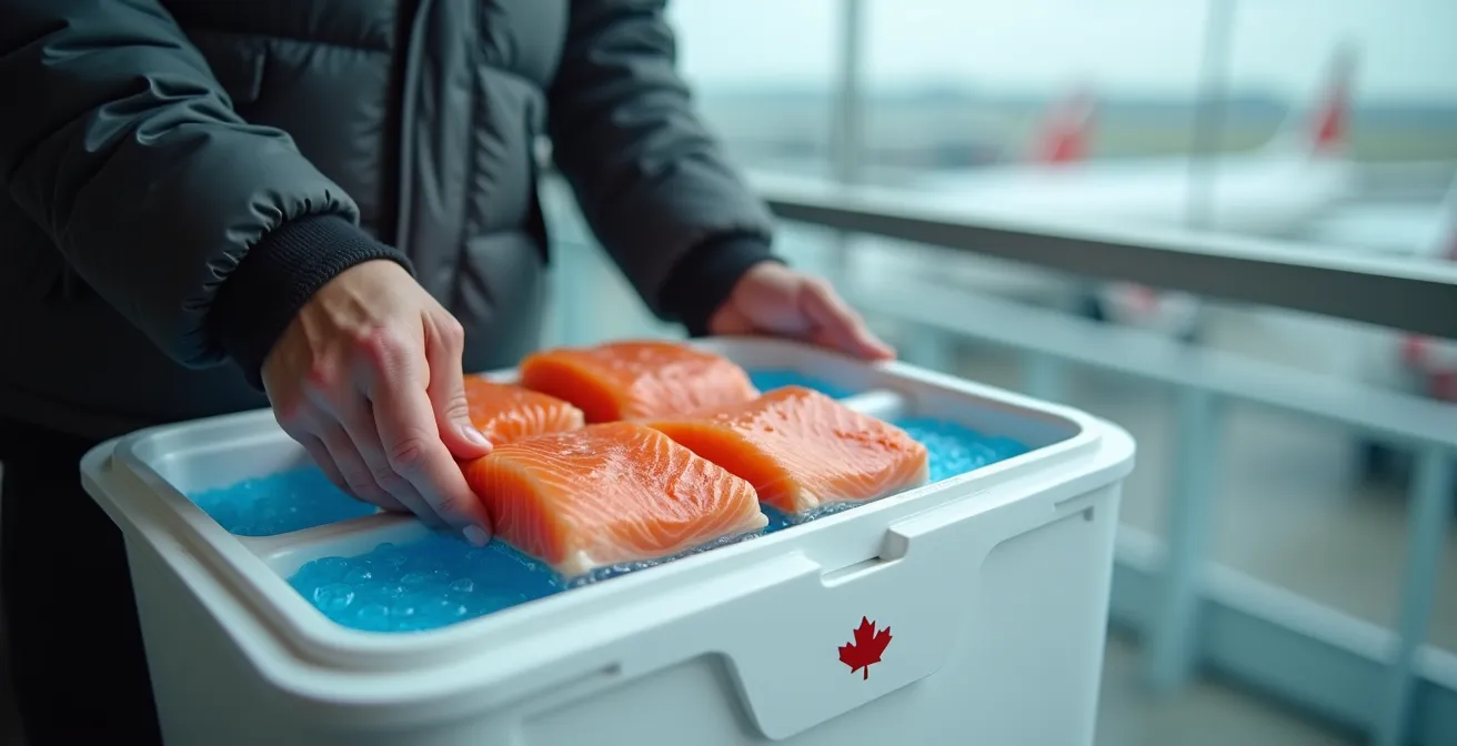 Vacuum-sealed salmon fillets in an airline-approved cooler with ice packs