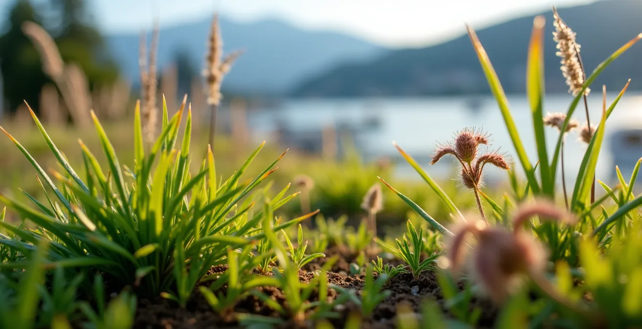 Macro view of native grasses and wildflowers on Vancouver Convention Centre's living roof