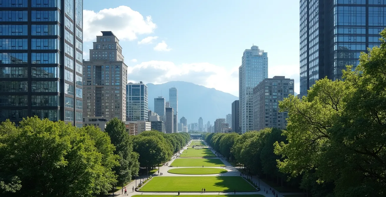 Dramatic perspective showing Vancouver's protected mountain view corridor through downtown buildings