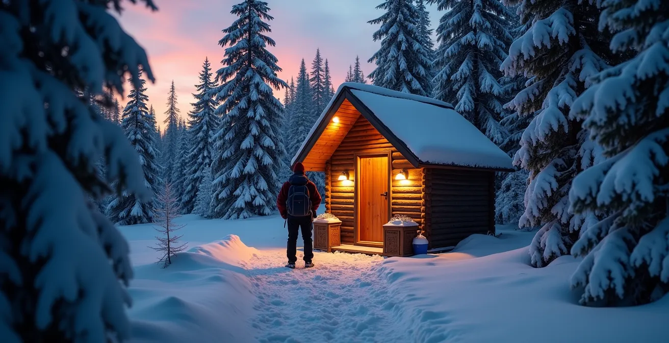 Winter oTENTik shelter surrounded by snow-covered evergreens in Canadian national park