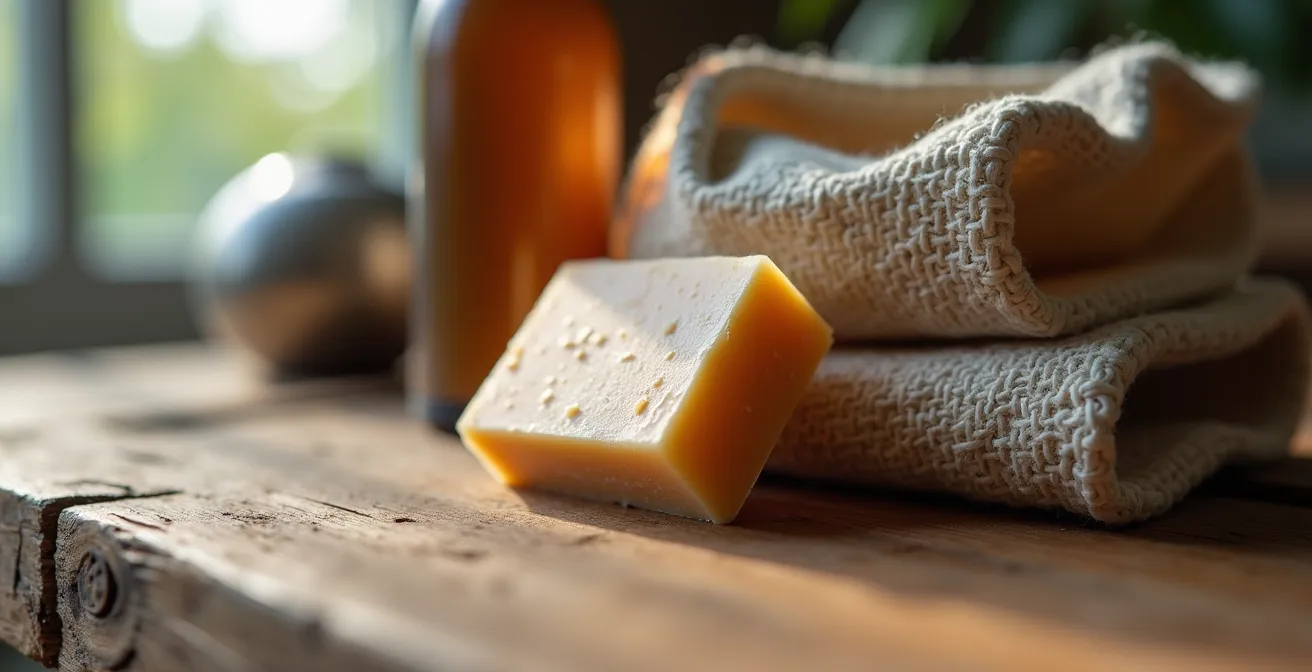 Close-up of sustainable travel essentials arranged on natural wood surface
