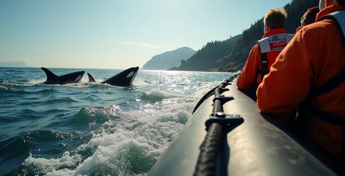 Low angle view from a zodiac boat approaching killer whales in Johnstone Strait with rocky shores